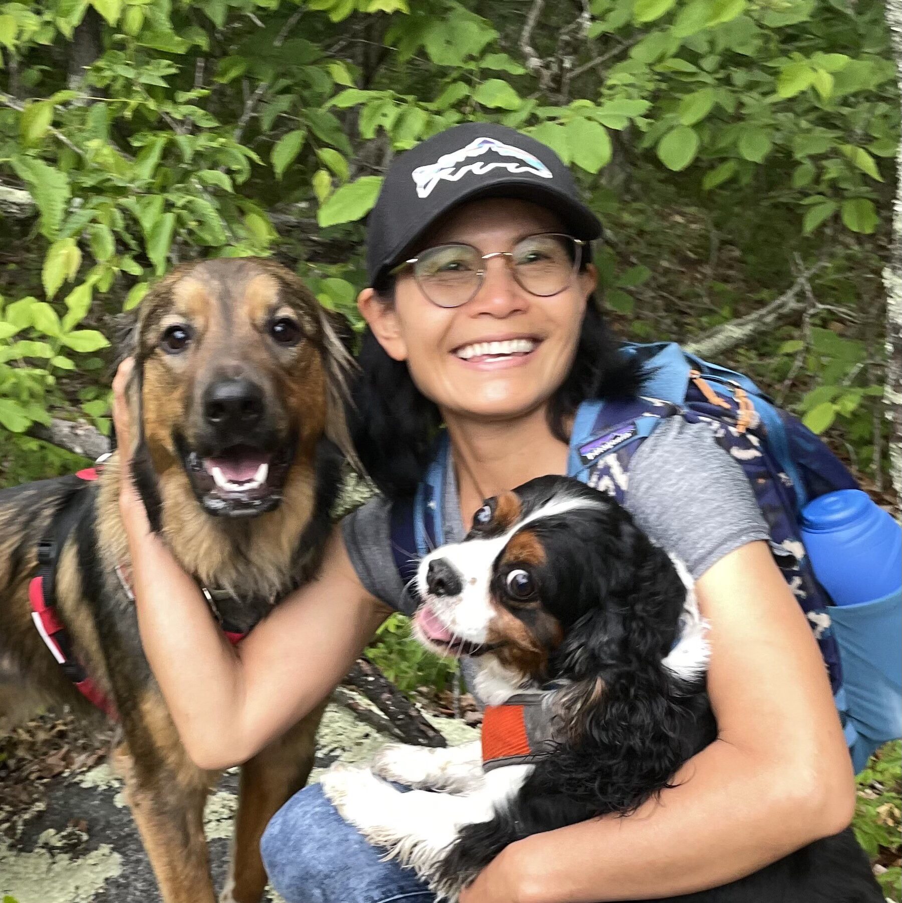 A photo of a person holding a dog in a forest setting
